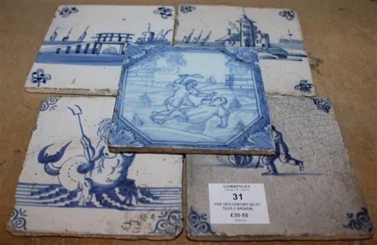 Five 18th Century Delft tiles (1 broken)